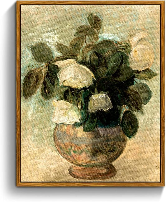 crmotu Vintage Framed Wall Art, White Rose Classical Oil Paintings, Botanical Floral Canvas Prints, French Country Aesthetic Pictures Wall Decor Living Room Bedroom Kitchen Office Farmhouse 8x10in