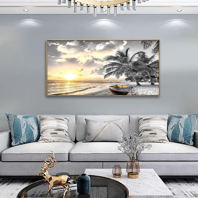 Framed Canvas Wall Art for Living Room Bedroom Office Black and White Beach Wall Art Paintings Pictures Artwork Seascape Sunset Wall Decor 20 * 40inch