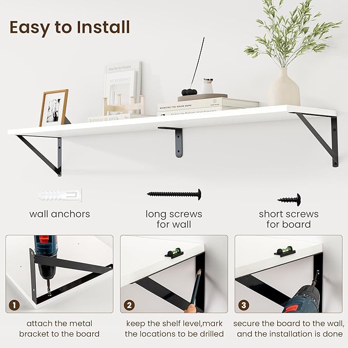 Fun Memories Deep Floating Shelves for Wall, 48W x 8D Wall Mounted Shelves Set of 2, Wide Display Ledge Shelf with Sturdy Metal Brackets for Living Room, Bathroom, Bedroom and Kitchen, White