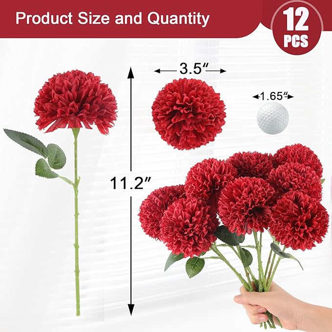 Hananona 12 Pcs Artificial Chrysanthemums Flowers Burgundy Red Flowers, Fake Mums Silk Flowers for Spring Home Decor Christmas Floral Arrangement Halloween Table Centerpiece (12, Burgundy)