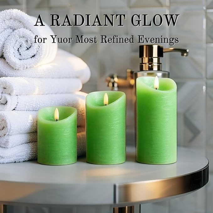 VENTA Green Real Wax Pillar Candles, Set of 3 | Battery Operated LED Candles with Remote | Fresh Spring & Nature Inspired Decor for Living Room, Spa & Botanical Themes