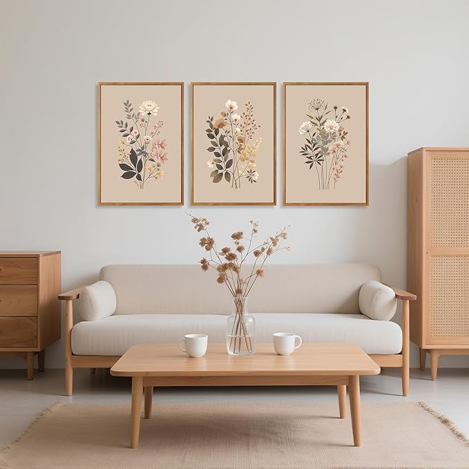 CHDITB Botanical Flower Framed Canvas Wall Art Set, Nature Wildflower Wall Decor, Boho Floral Art Antique Wall Painting, Vintage Dining Room Art Prints for Living Room, Bedroom, Office 24"x36"x3