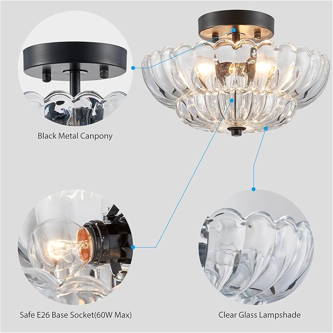 XINGQI Modern Chandelier Vintage Semi Flush Mount Ceiling Light Fixture Small Black 3-Light Close to Ceiling Scalloped with Clear Glass Shade for Living Room Entryway Bedroom Closet