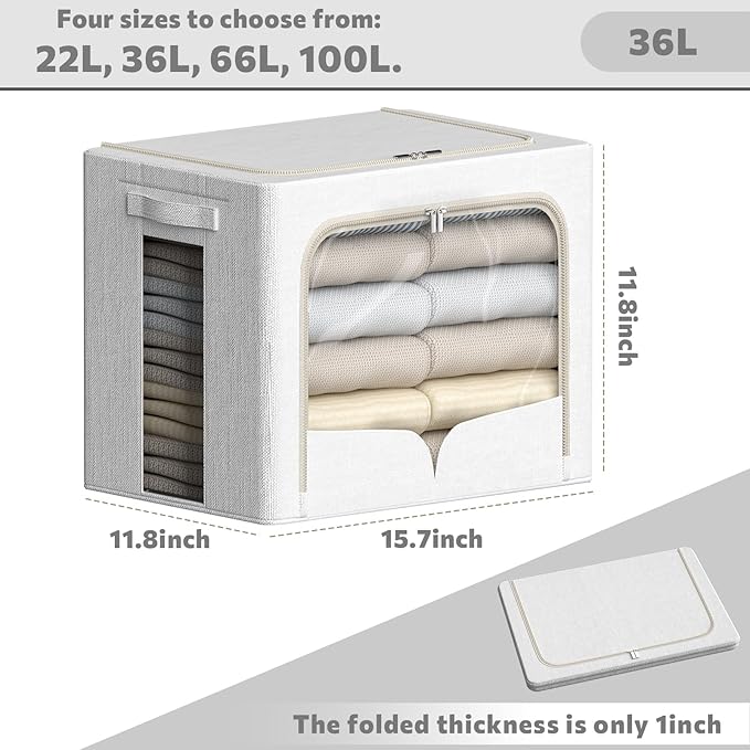 3 Pack Clothes Storage Bins Foldable Metal Frame Storage Box Stackable Linen Fabric Container Organizer Set with Carrying Handles and Clear Window (Cream White, 15.7x11.8x11.8inch(36L))