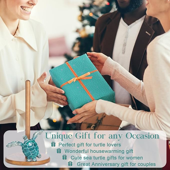 Turtle Paper Towel Holder - Coastal Decor for Home Ocean Decor Beach House Beachy Themed, Sea Turtle Gifts for Women, Cute Decorative Paper Towel Holder Stand Countertop Kitchen Nautical Teal Wood