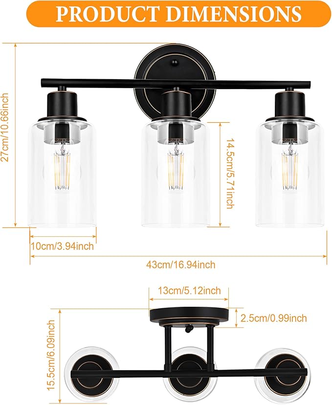 Oil Rubbed Bronze 3-Light Bathroom Vanity Light Fixture Over Mirror, 3-Light Oil Rubbed Bronze Vanity Lights for Bathroom Three Bulb Wall Sconce Over Sink