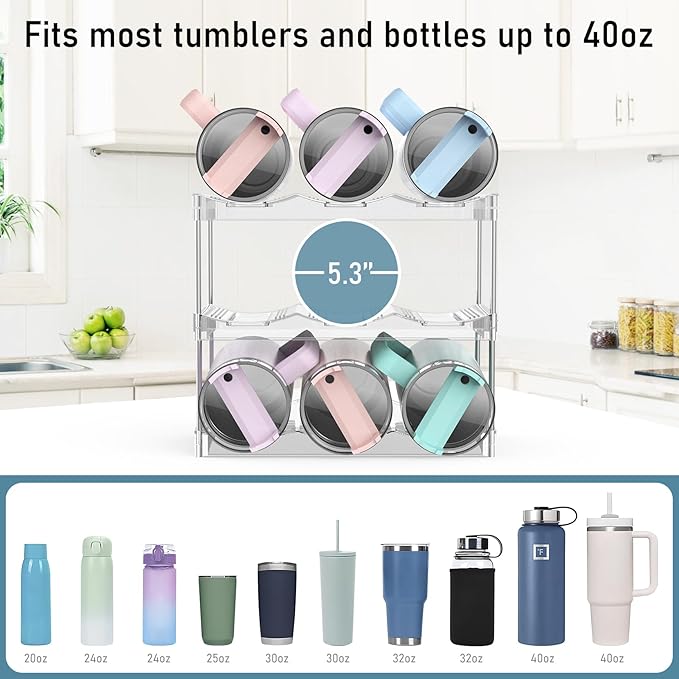 Water Bottle Organizer Stanley Cup Holder, 3-Tier Tumbler Storage, Stackable Water Bottle Holder for Kitchen Cabinet Pantry, Large Compartment fits 40 oz Tumblers, Stanley Accessories