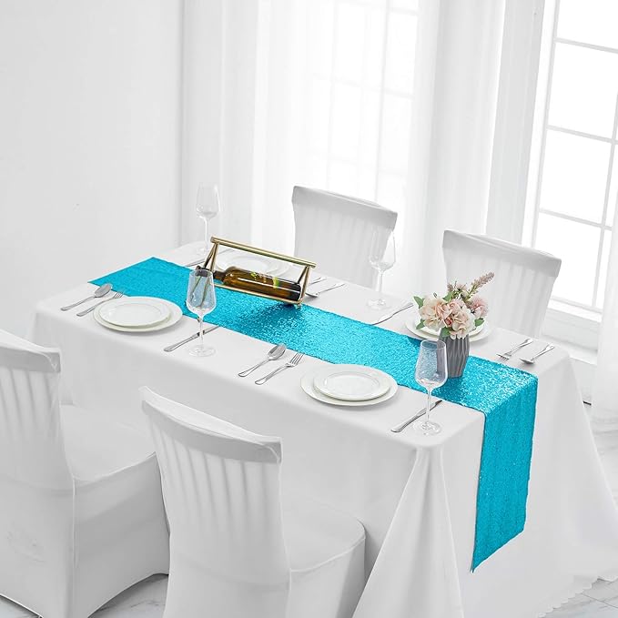 2 Packs 12 x 108 inches Turquoise Sequin Table Runner, Glitter Turquoise Blue Table Runner for Wedding Birthday Bachelorette Holiday Party Supplies Decorations Bridal Shower Baby Shower