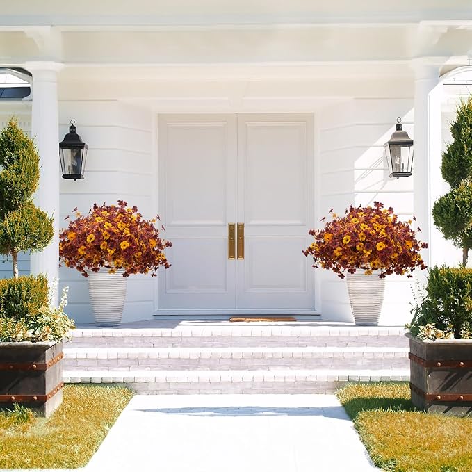 16 Bundles Artificial Fall Mums with Eucalyptus, Faux Daisy UV Resistant Outdoor Decor - Autumn Orange Flowers for Front Door Porch Planter, Patio, Thanksgiving Christmas (Fall Yellow&Red)