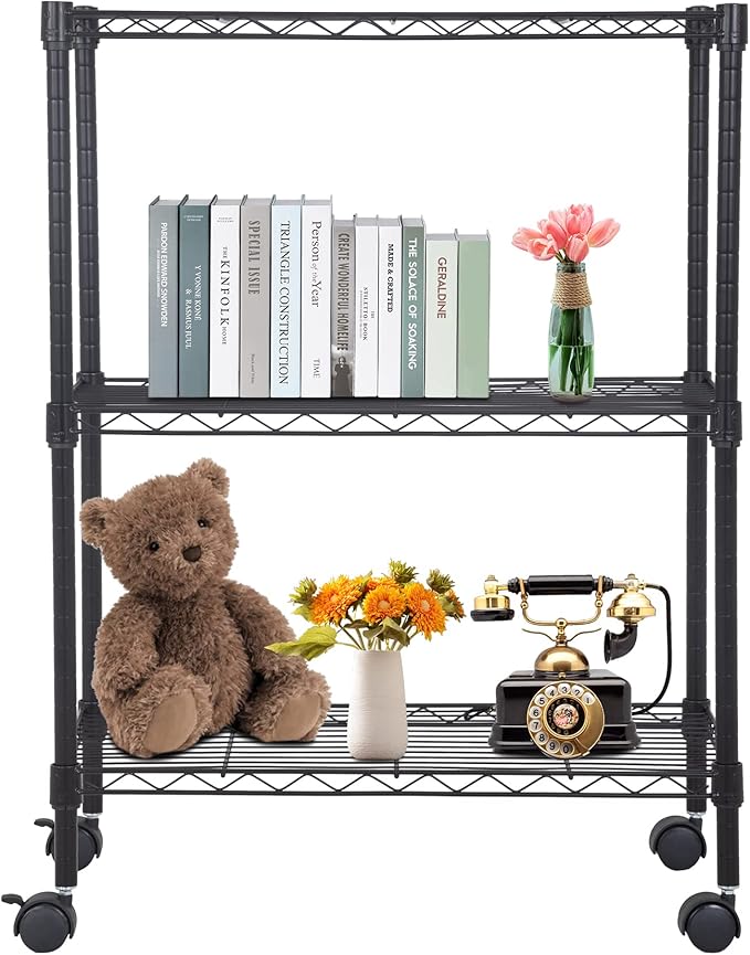 BestOffice | 3-Tier Wire Storage Shelves with Wheels | 23x13x31 | Black | Adjustable Racks | Heavy-Duty Metal Shelf, Holds Upto 170 lbs | No-Tool Assembly | Ideal for Home & Garage Shelving