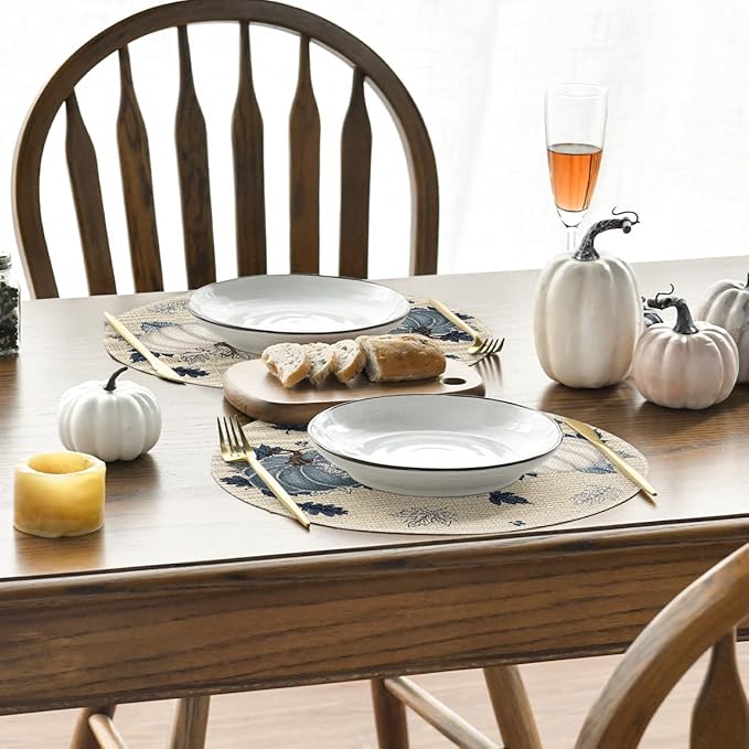 Artoid Mode Navy Blue Pumpkins Eucalyptus Leaves Round Fall Placemats Set of 4, 14 Inch Thanksgiving Round Table Mats for Dining Decoration