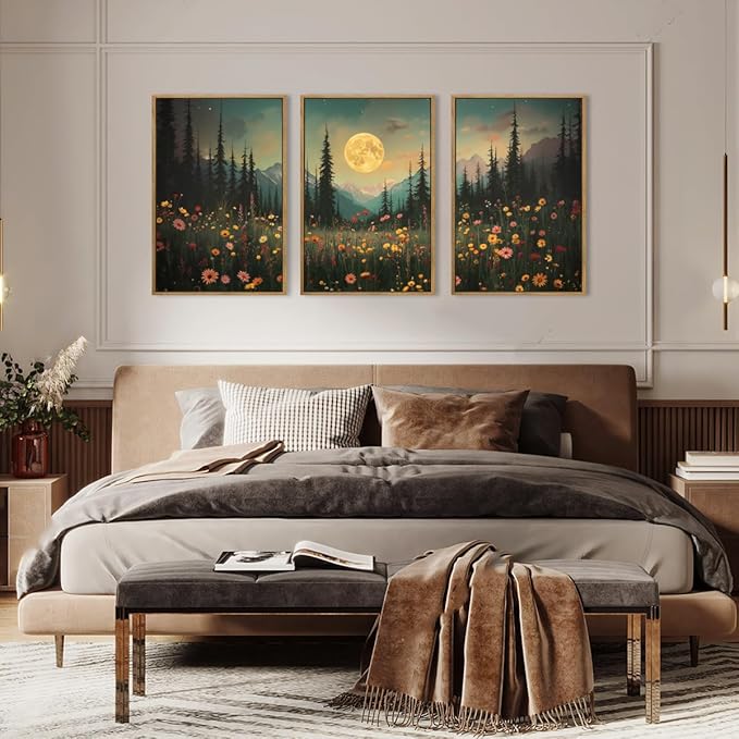 ANHUIB Large Wildflower Wall Art Mountain Floral Wall Decor Pine Tree Paintings Set of 3 for Living Room Bedroom Dining Room 16x24 Inch