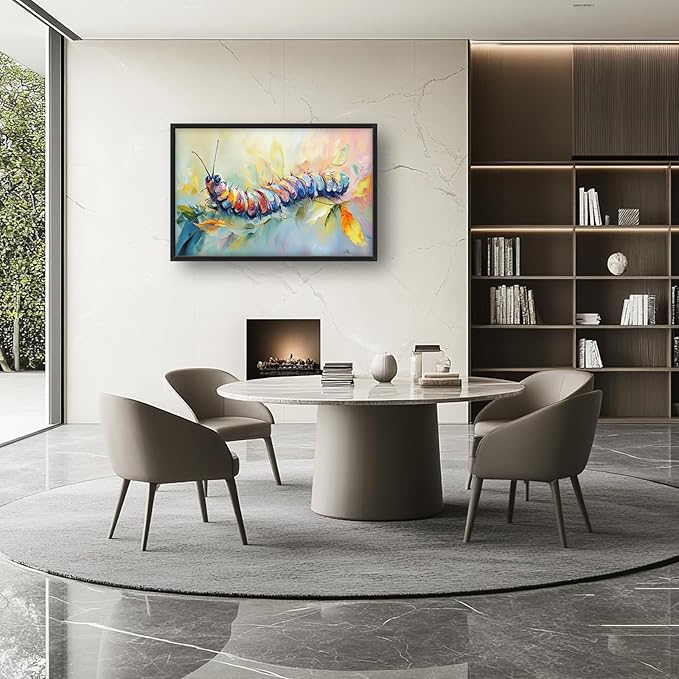 Extra Large Framed Abstract Caterpillar Wall Art,Colorful Cute Caterpillar Leaves Wall Decor Pictures for Living Room,Canvas Print Painting Modern Artwork Bedroom Office Bathroom 36L x24W