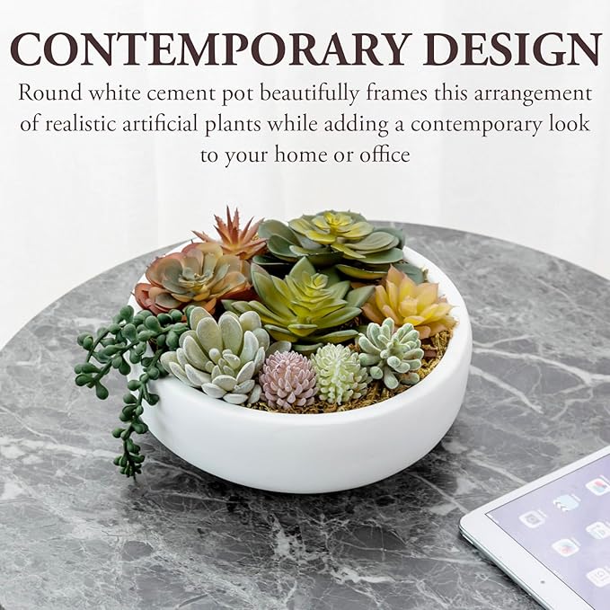MyGift 8 Inch Round Modern Artificial Succulent Arrangement Potted in White Concrete Plant Bowl, Assorted Faux Mini Succulents in a Decorative Planter Pot