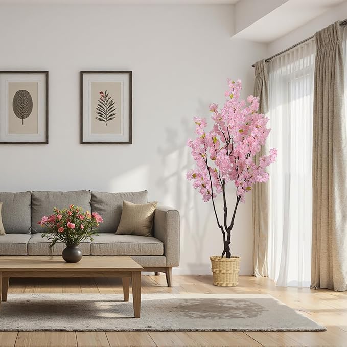 Faux Pink Cherry Blossom Tree 6.5ft(78in) Tall Artificial Plant Indoor Decor Handmade Natural Fake Sakura Tree for Wedding Realistic Silk Cherry Floral in Pot for Home Living Room,Office,Outdoor Decor