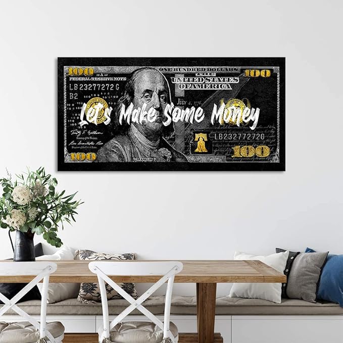 Inspirational Framed Office Canvas Art Paintings with Inspiring Sayings Let's Make Some Money Wall Decor for Walls 100 USD Money Canvas Art Easy to Hang-40 inch x20 inch