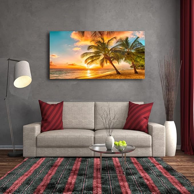 Beach Themed Wall Art Canvas Prints Seascape Picture Bathroom Décor Ocean Tree Sunset Paintings for Living Room Bedroom Office Home Kitchen Decorations Natural Landscape Artwork 20x40 Inches