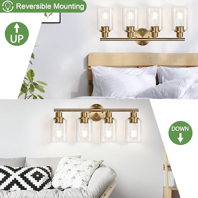 4-Light Bathroom Light Fixtures, Brushed Brass Modern Vanity Lights with Cyan Glass Shades, Bathroom Wall Lamp for Mirror Kitchen Living Room