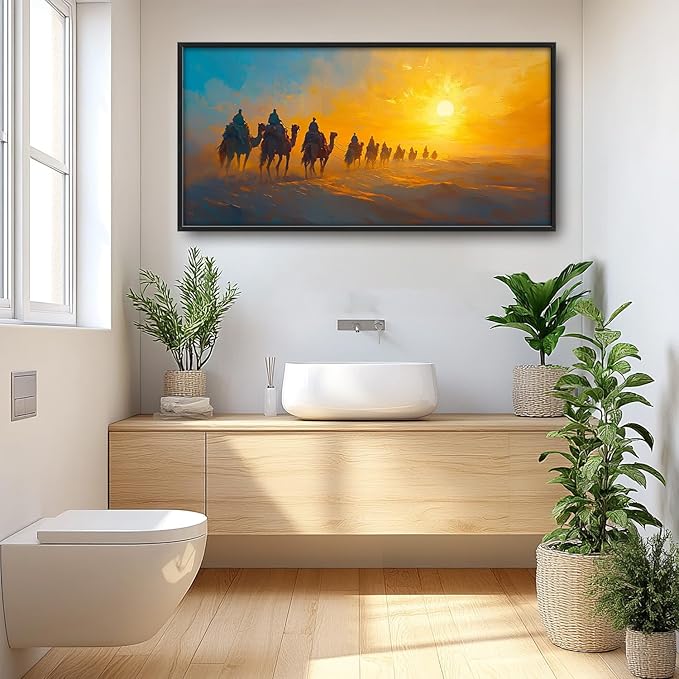 Flintis Large Desert Camel Framed Wall Art Sunset Camels Pictures Wall Decor Abstract Natural Landscape Canvas Painting Print Artworks Framed for Living Room Bathroom Master Bedroom 60L X 30W