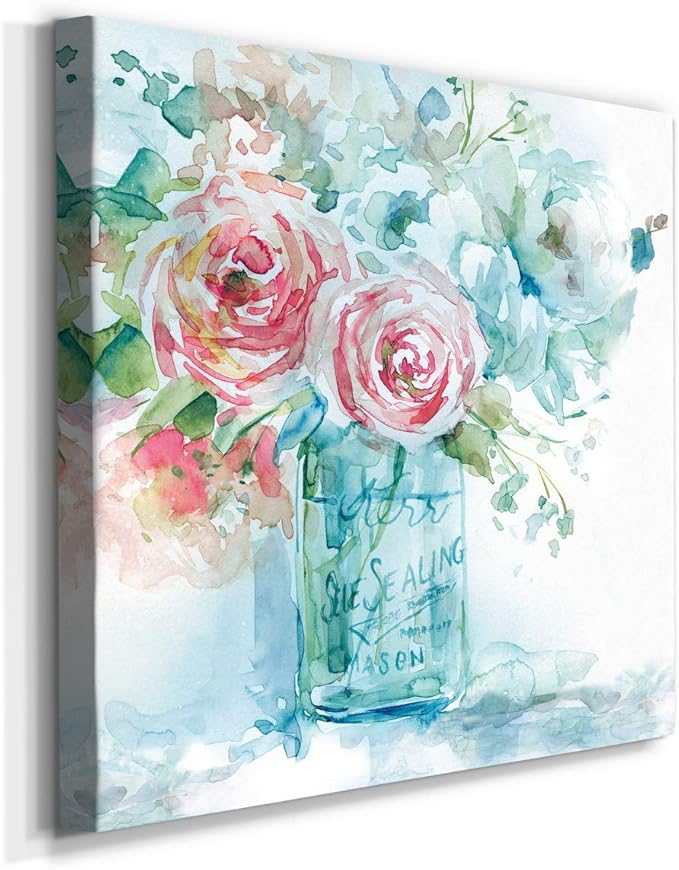 Square Premium Gallery Wrapped Canvas Flower Multicolor Wall Art Abstract Floral Romance Modern Pictures Print for Home Office, Ready to Hang