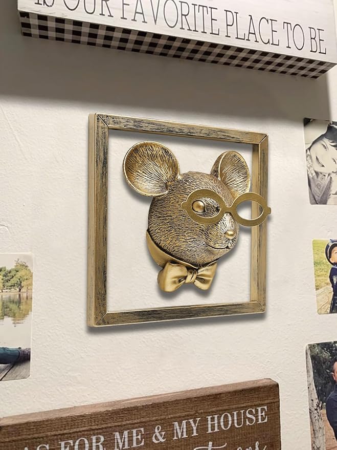 Animal Heads Wall Decor (Includes Metal Frame) Resin Animals Sculptures Head Wall Hanging Decoration Gold vintage Wall Sculpture for Living Room Bedroom Office(Rat)