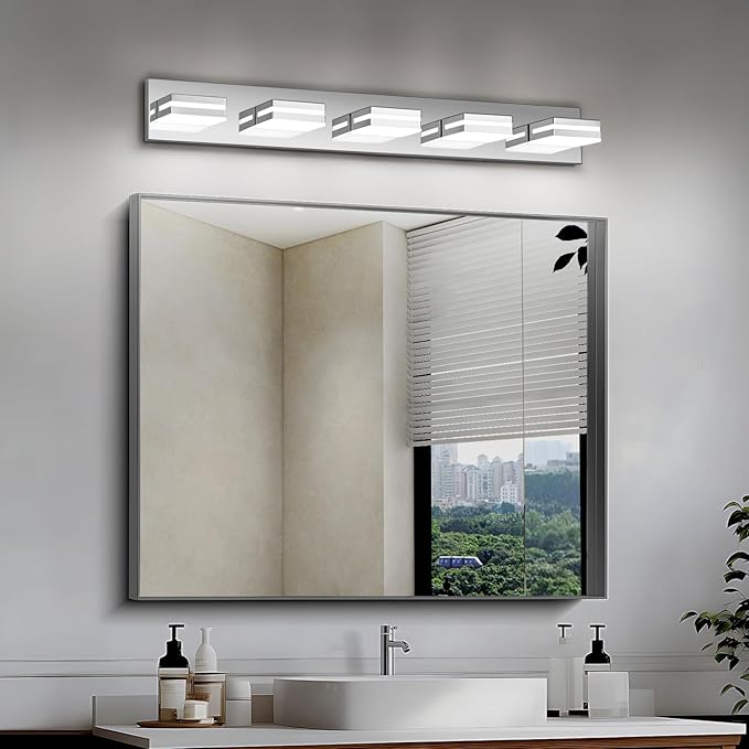 Modern LED Bathroom Lights Fixtures(5-Light),Metal Chrome Acrylic Wall Lighting,Vanity Lights for Bathroom Over Mirror(6000k 34In)