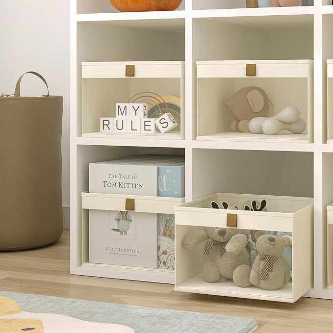 Linen Closet Organizers and Storage, Closet Storage Bins Basket Organizer, Foldable Organization Baskets with Mesh Window for Clothes Towels and Toys, 12.75" x 12.75" x 9", Beige, 4 pack