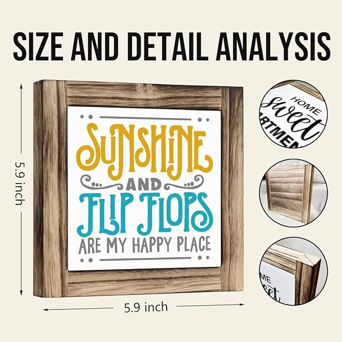 Summer Wood Signs, Farmhouse Wooden Box Desk Sign Decor, Summer Vacation Decors, Beach Decorations for Home, Beach House Decor, Sunshine and Flip Flops are My Happy Place Sign 5.9×5.9inches