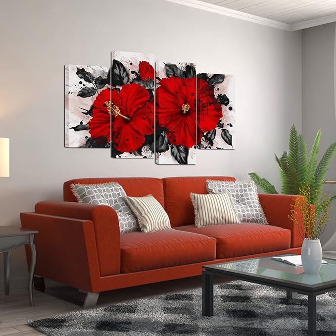 RnnJoile Hibiscus Wall Art Red Flower Canvas Wall Decor Tropical Hawaiian Painting Pictures for Bathroom Living Room Decor Framed