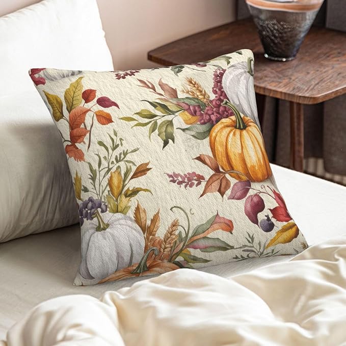 Fall Pumpkin Pillow Covers 20x20 inch Set of 2, Linen Autumn Outdoor Thanksgiving Harvest Leaves Rustic Farmhouse Decorations for Sofa Couch