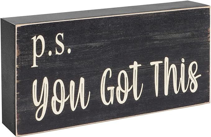 Esur Motivational Home Office Desk Black Decor - Farmhouse Wooden Box Sign Gift for Women - P.S. You Got This
