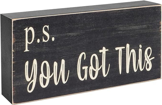 Esur Motivational Home Office Desk Black Decor - Farmhouse Wooden Box Sign Gift for Women - P.S. You Got This