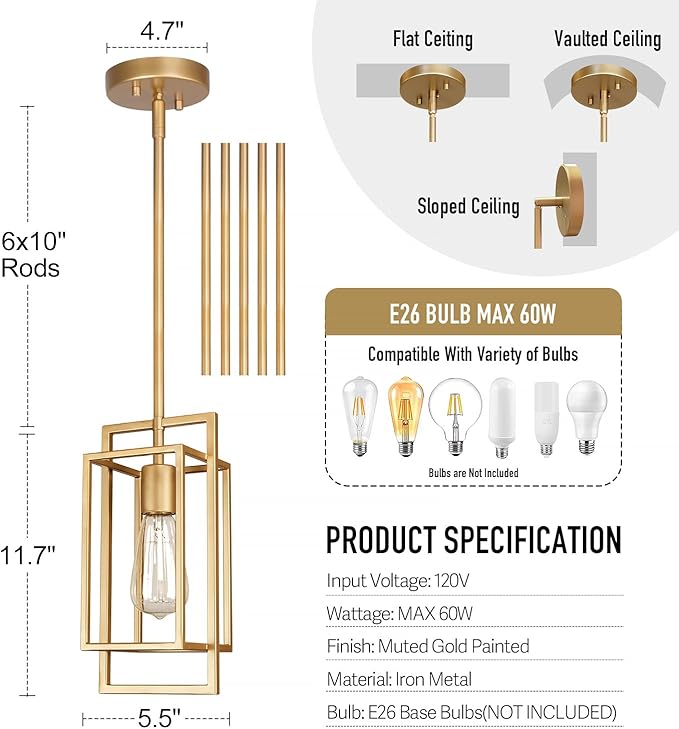 Muted Gold Pendant Lighting Fixture with Geometric Metal Cage, 1-Light Industrial Mini Lamp for Kitchen Island, Cafe Bar, Dining Room
