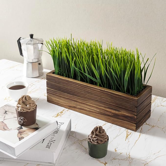 MyGift 14 Inch Artificial Green Grass Plant in Rustic Burnt Solid Wood Rectangular Crate Style Planter Box, Indoor Decor Faux Greenery in Decorative Wooden Container