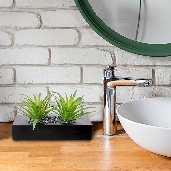 MyGift 10 Inch Fake Grass Artificial Plants in Rectangular Black Wood Planter - Faux Plants Indoor for Tabletop Centerpiece Décor