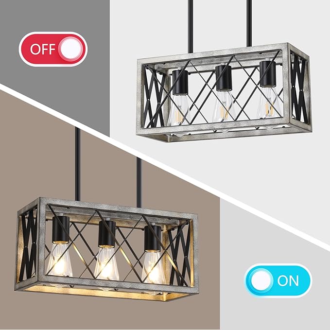 Farmhouse Light Fixtures,3-Light Dining Room Light Fixture,Industrial Metal Kitchen Ceiling Lighting Over Island, Chandelier for Dining Table Kitchen Sink,Oak Wood Finish