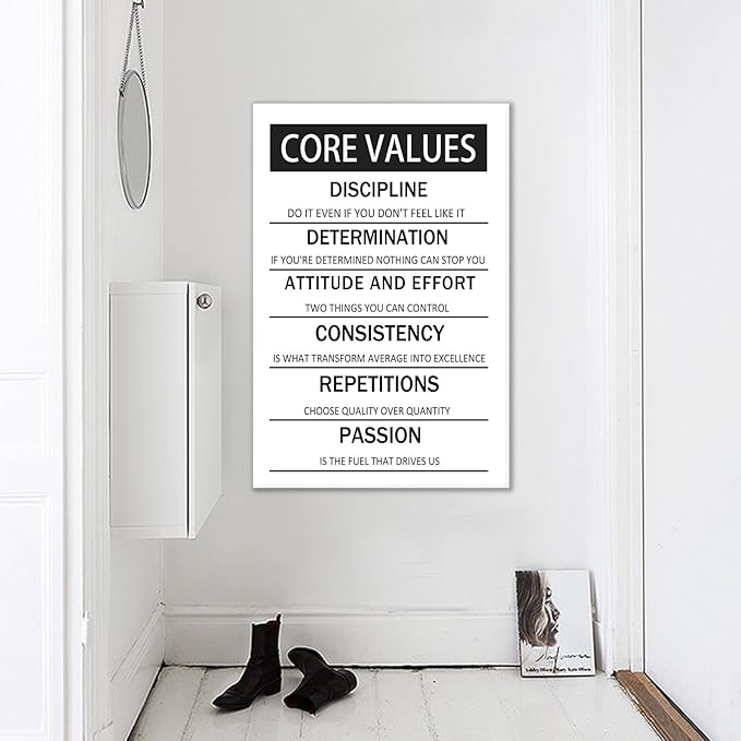 Core Values Motivational Wall Art Canvas Poster Black and White Inspirational Painting Print Artwork for Living Room Office Gym Modern Home Wall Decor Artwork Framed Ready to Hang [24''W x 36''H]