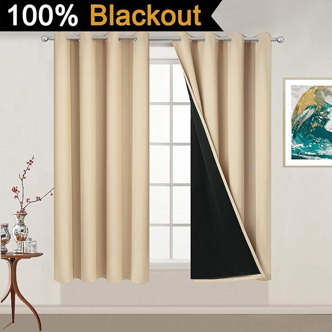 Yakamok Beige 100% Blackout Curtains for Bedroom with Black Liner, 2 Thick Layers Full Room Darkening Thermal Insulated Noise Reducing Grommet Blackout Curtains (52Wx54L, 2 Panels)