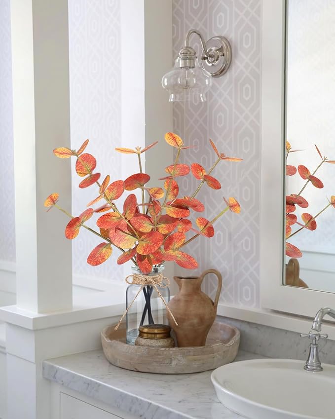 Fall Artificial Eucalyptus Stems in Glass Vase with Faux Water 14" Autumn Eucalyptus Branches Fall Home Table Decor Fake Fall Plants Stems for Farmhouse Kitchen Bathroom Decorations