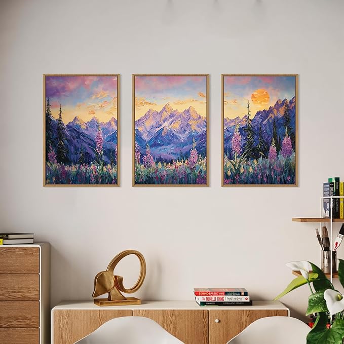 HOURIA Purple Sunset Mountain Landscape Framed Canvas Wall Art Set,Nature Pine Tree Wildflowers Wall Decor,Golden Sunlight Wall Painting,Modern Field Art Prints for Living Room, Bedroom-16 x24 x3