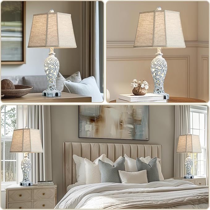 25'' Farmhouse Table Lamps Set of 2 for Living Room Bedroom, 2 USB Ports Rustic Vintage Nightstand Table Lamp with Nightlight, Hollow Out Resin Lamp for End Table (Bulbs Included)