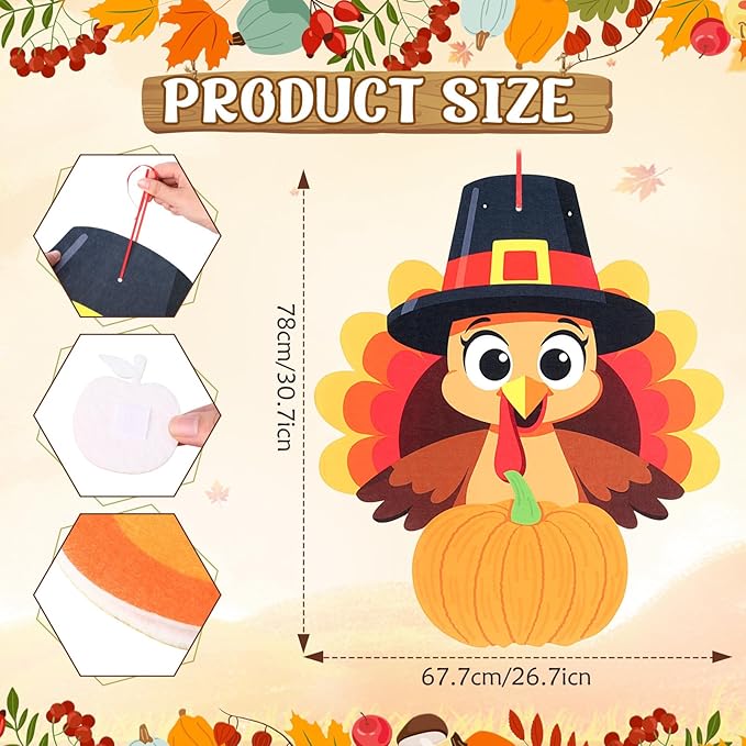 Thinkday 37-Piece Fall Thanksgiving Felt Craft Kit, DIY Pumpkin Felt Set DIY, Pumpkin 36 Detachable Fall Squirrel Pine Cones Corns Ornaments for Playing(Turkey)