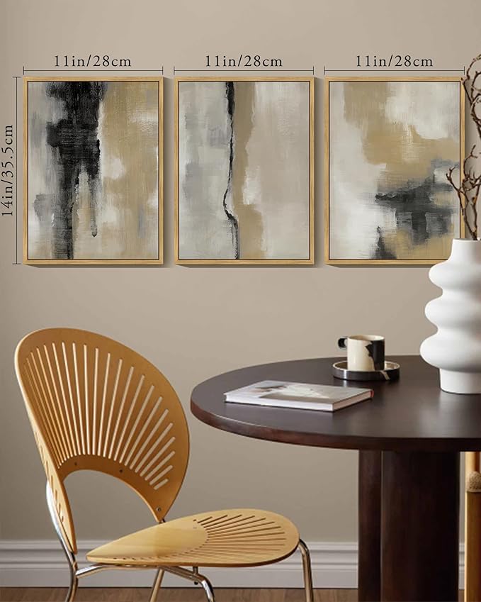 KUVIOKE Black Gray Abstract Framed Wall Art Minimalist Modern Neutral Wall Art Decor for Living Room Hallway Bedroom Ready to Hang 11x14in (Natural Framed)