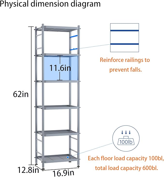 6-Wire Shelving Metal Storage Rack Shelves, Standing Storage Shelf Units for Laundry Bathroom Kitchen Pantry Closet(Silver,16.9L x 12.8W x 62H)