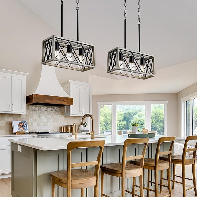 Farmhouse Light Fixtures,3-Light Dining Room Light Fixture,Industrial Metal Kitchen Ceiling Lighting Over Island, Chandelier for Dining Table Kitchen Sink,Oak Wood Finish