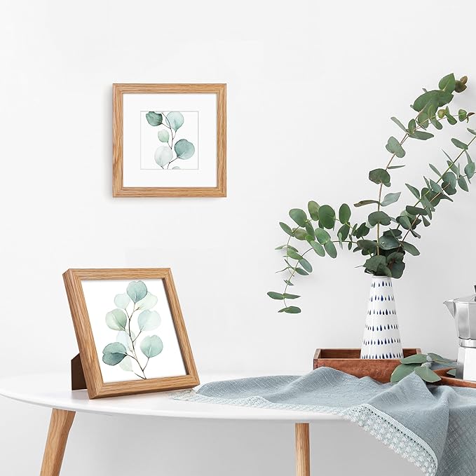 Fun Memories 6x6 Picture Frames, Solid White Oak Wood Frame With Stand for Wall & Tabletop Display, Rustic Wooden Photo 6 by 6 With Real Glass, Matted to 4x4, Natural Color, Set of 2