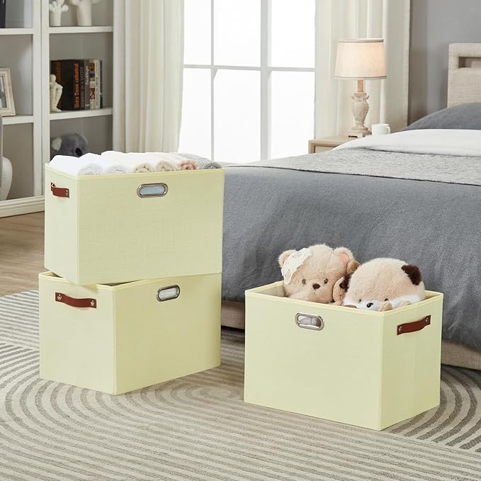 3-Pack Foldable Fabric Storage Bins with Durable PU & Metal Handles , Collapsible Storage Baskets for Shelves, Home Storage, Closet Organizers, Living Room(17"x11.8"x11.8", Beige)