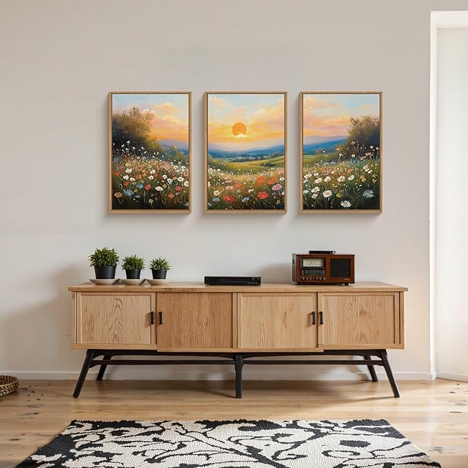 HOURIA Boho Sunrise Wildflower Framed Canvas Wall Art Set,Watercolour Nature Inspired Landscape Wall Decor,Colorful Floral Scenery Artwork,Modern Art Prints for Living Room,Bedroom,Farmhouse-16"x24"x3