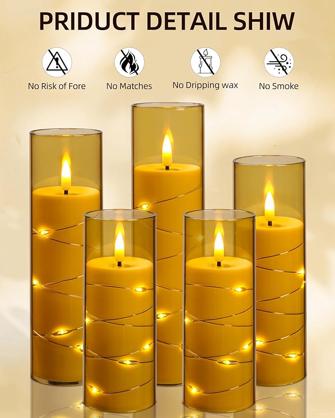 Da by Flameless Candle Light, Battery Candle with recessed String Lights, 5 flameless Candles with 11-Key Remote Control, 24-Hour Timer Function, Champagne Color