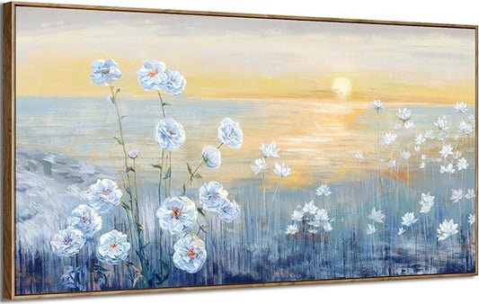 Blue Ocean Sunset Framed Wall Art Abstract Coastal Wild Flowers Beach Picture Sunrise With Yellow Orange Sky Natural Seascape Canvas Print White Wildflowers Sea Landscape Seaside Artwork 30x60inch
